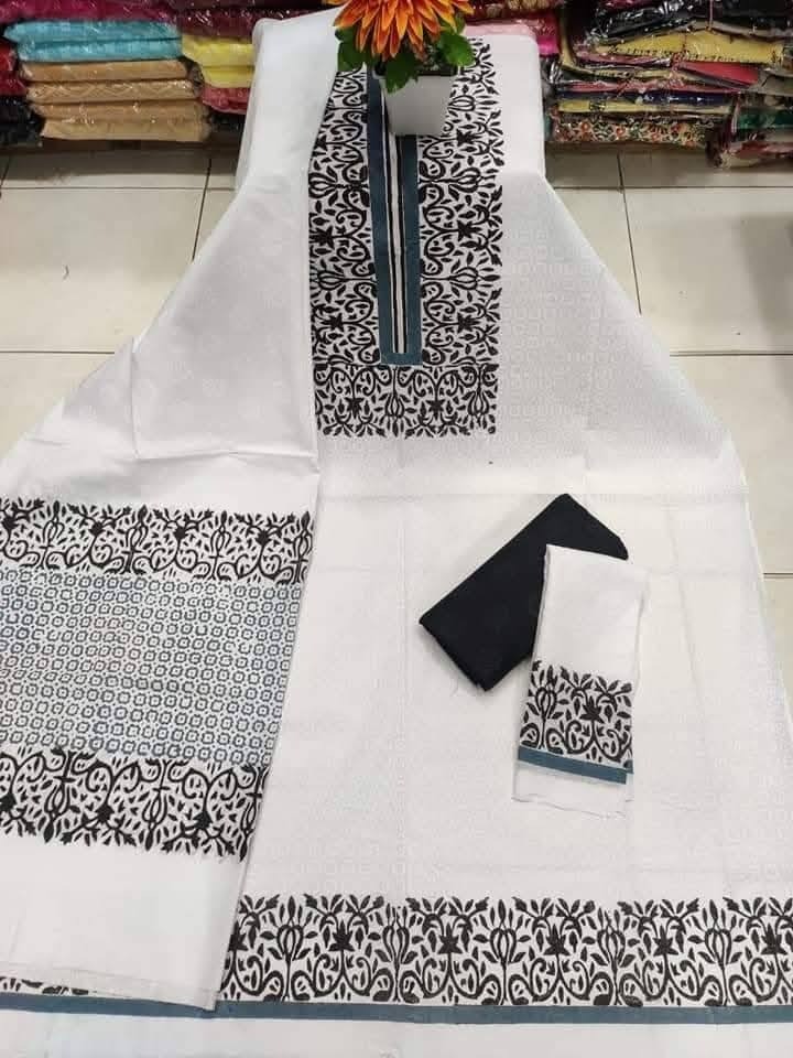 New Unstitched High Quality Cotton Block Print Three Piece For Women