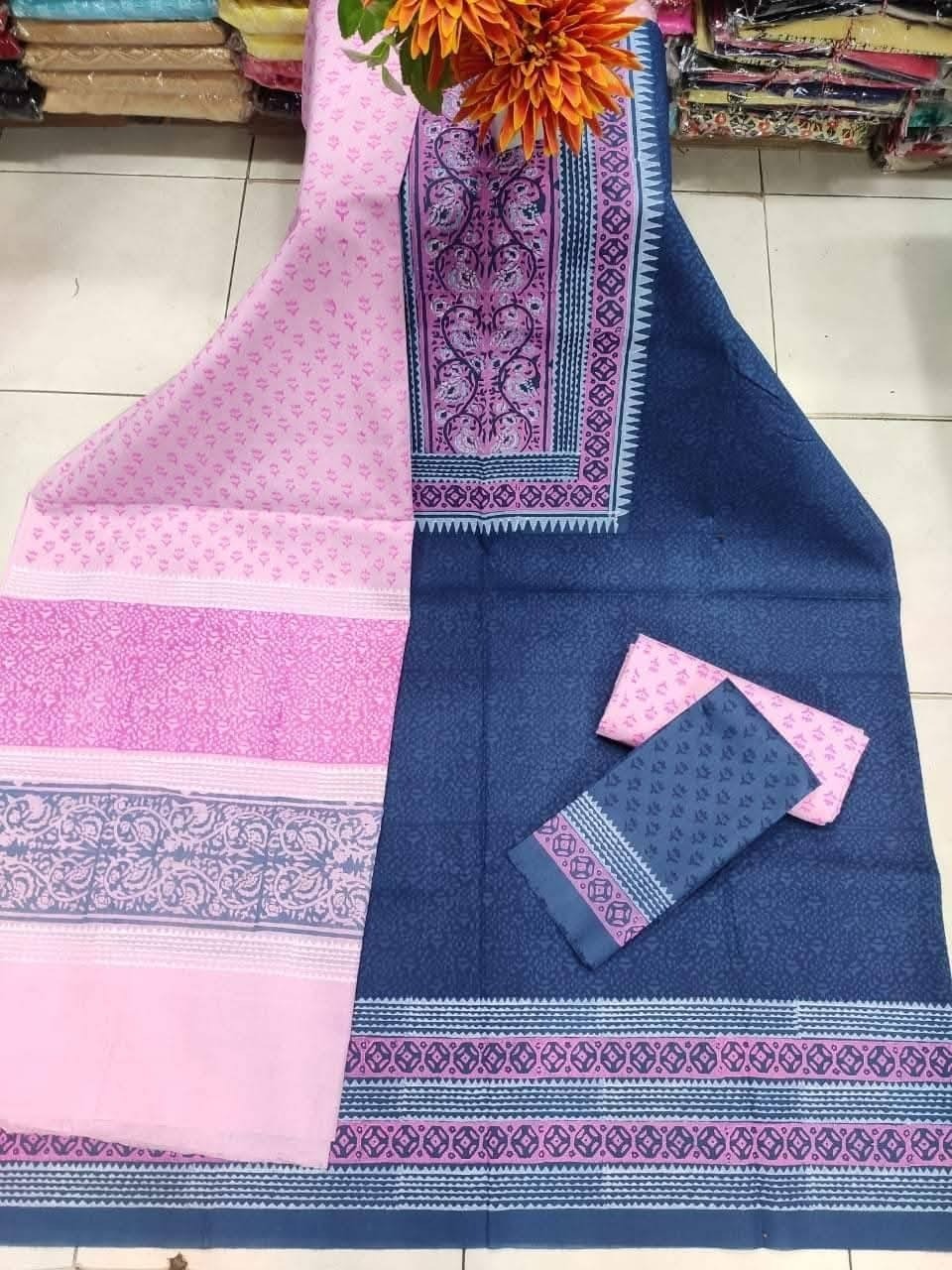 New Unstitched High Quality Cotton Block Print Three Piece For Women