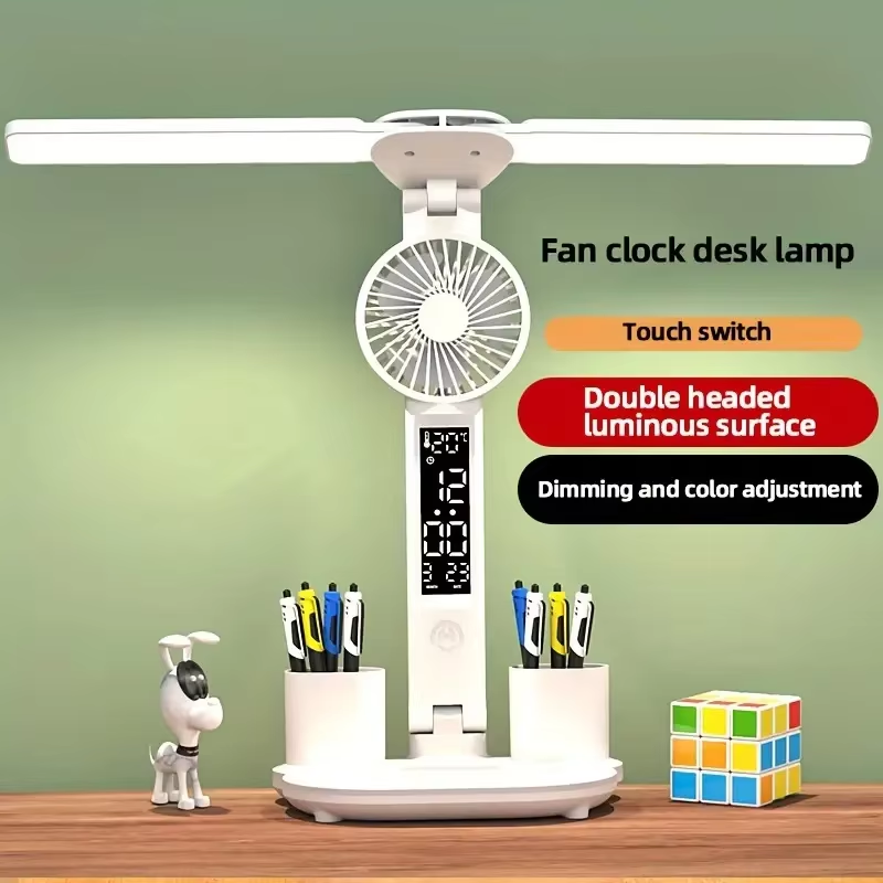 Rechargeable Folding Table Lamp with Fan Clock Calendar