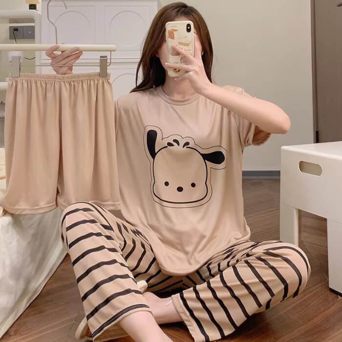 Casual Short Sleeved Knitted Trousers Elastic Waist Women Home Wear