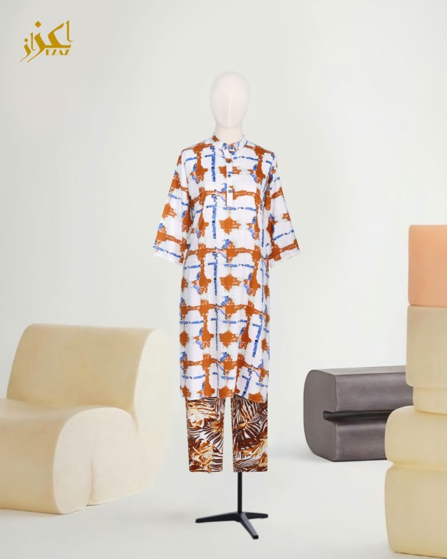 Two piece set- cotton-orange blue brush pattern