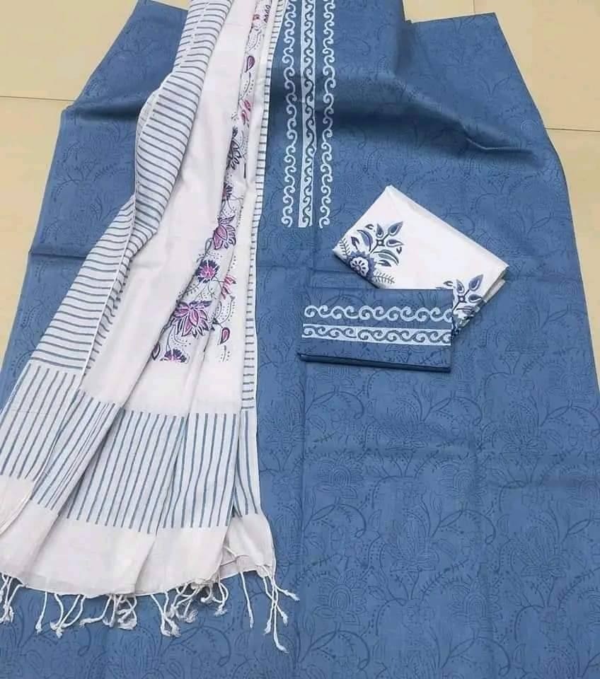New Unstitched High Quality Cotton Block Print Three Piece For Women